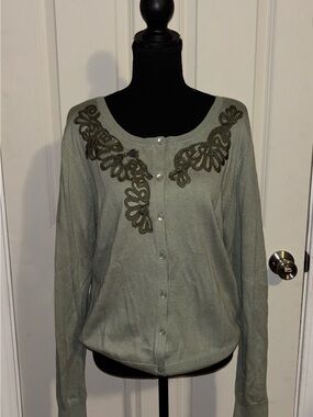 Caslon Sage Green Embroidered Button Cardigan